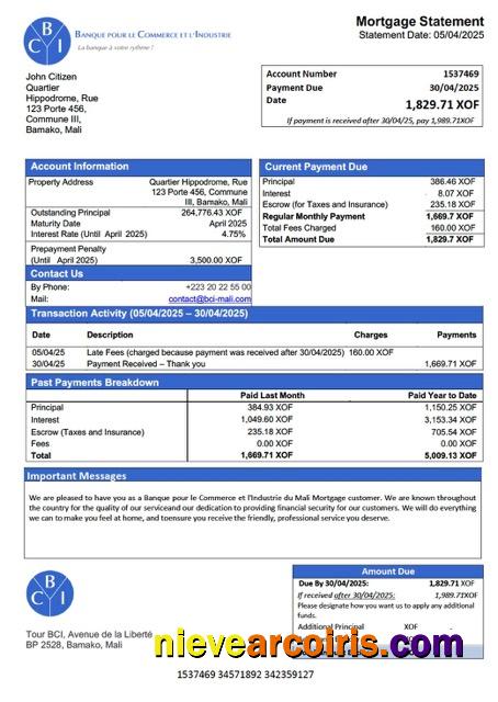 Mali Banque pour le Commerce et l'Industrie du Mali (BCI-Mali) mortgage statement Word and PDF template